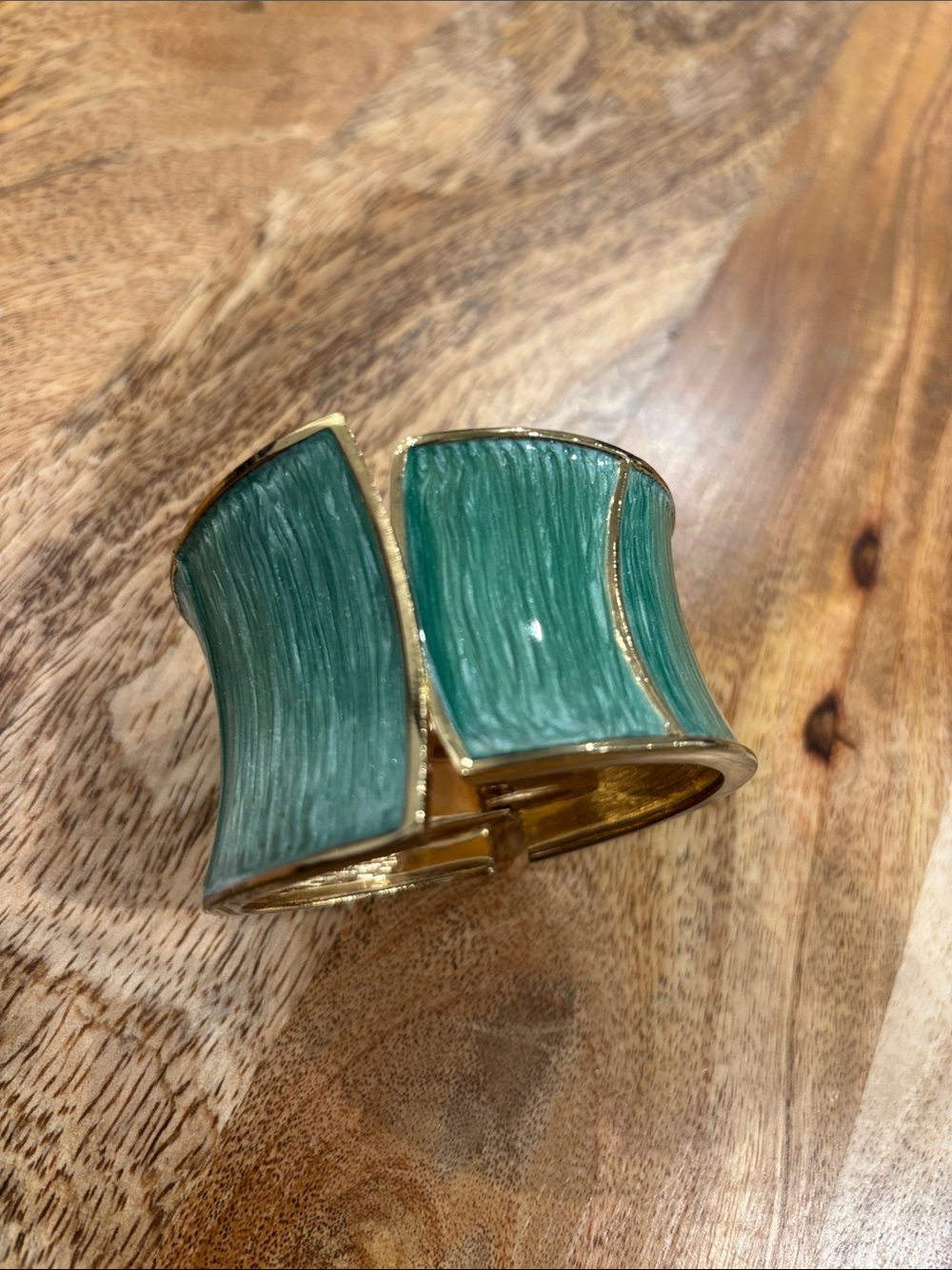 Green Enamel Hinged Cuff Bracelet - Gold Tone